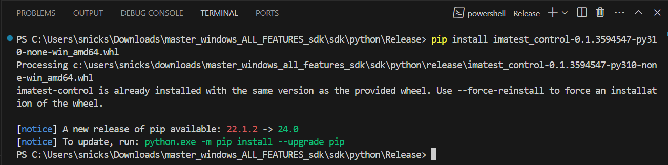 Installing the controlAPI wheel with pip in the Visual Studio Code terminal