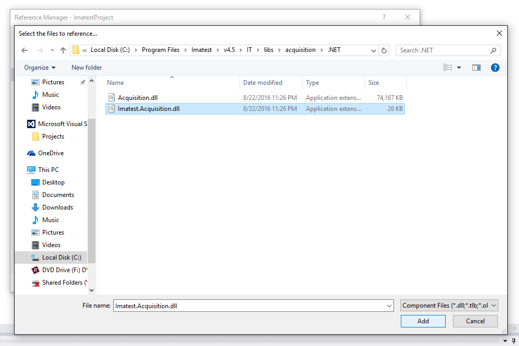 DotNet Acquisition - Reference Manager Browse Imatest.Acquisition.dll