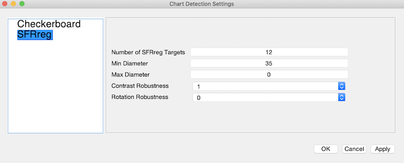 Target detection settings for SFRreg, with some non-default values