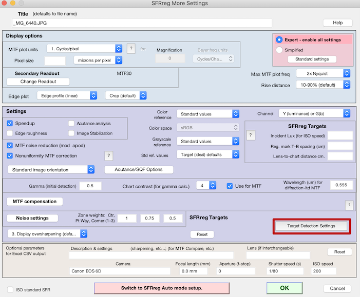 SFRreg More Settings window with Target Detection Settings window button highlighted.