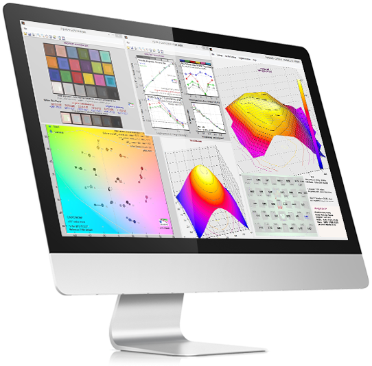 Computer monitor displaying multiple Imatest analysis windows with color and 3D plots